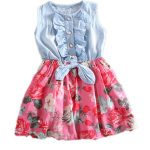 Filles Denim Floral Robe D'été Robe De Soirée avec Ceinture Enfants Volant À Manches Courtes Vêtements De Sport Bébé Fille Enfants Tenue De Mode