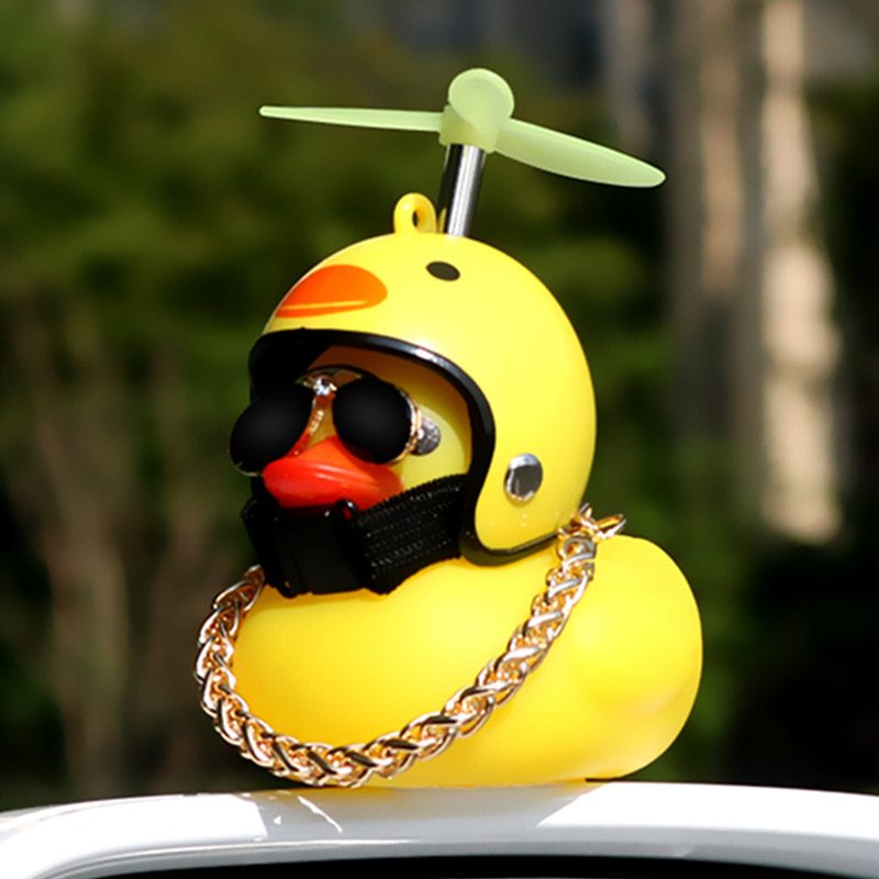 Cute Little Yellow Duck With Helmet Propeller Rubber Windbreaker Duck Squeeze Sound Internal Car Decoration Child Kid Toy