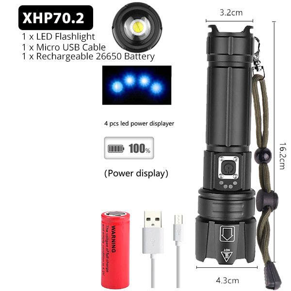 2021 Powerful Lights XHP90.2 Ultra Bright 18650 LED Flashlight XLamp USB Rechargeable XHP70 Tactical Light 26650 Zoom Camp Torch