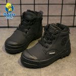Bottines d'hiver en cuir à lacet antidérapantes pour enfants, bottes de neige hautes pour garçon, chaussures à la mode