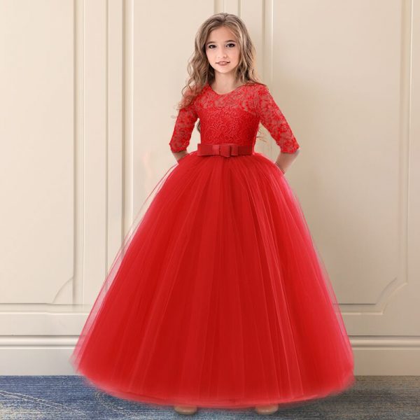 Robe brodée en dentelle rouge pour filles et adolescentes, tenue de soirée, noël ou anniversaire, motifs floraux, vêtements de 6 à 14 ans