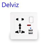 Delviz EU Standard Usb Socket, Gray Embedded Panel,2.1A Dual USB Port, AC 110-250V, UK Wall Power Socket Universal 5 Hole Outlet