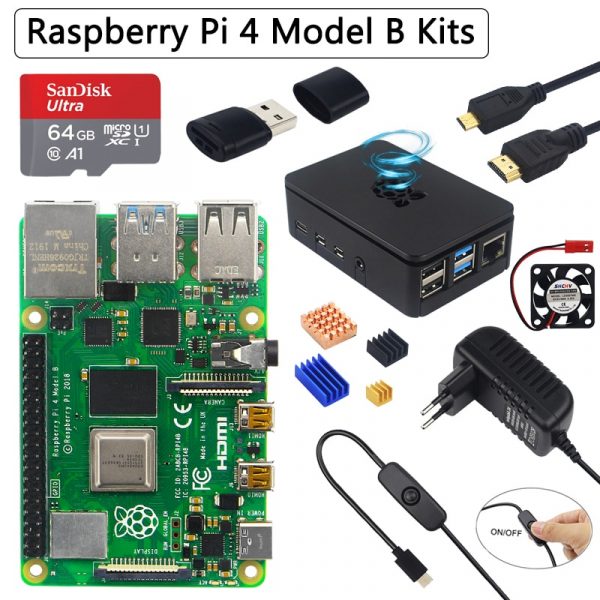 Raspberry Pi 4 modèle B, Kit Original avec boîtier ABS, carte SD de 32/64 go, adaptateur d'alimentation, ventilateur, dissipateur de chaleur, câble vidéo