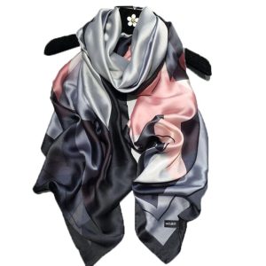 Foulard en soie 100% naturelle imprimé pour femme de 180x90 cm, écharpe, châle, hijab avec motifs de fleur, oiseaux, feuille, chaînes