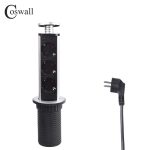 COSWALL PULL POP UP 3 Socket 2 USB Charge Port Kitchen Table Desktop Outlet Retractable EU Plug Aluminum Body Blue Backlight