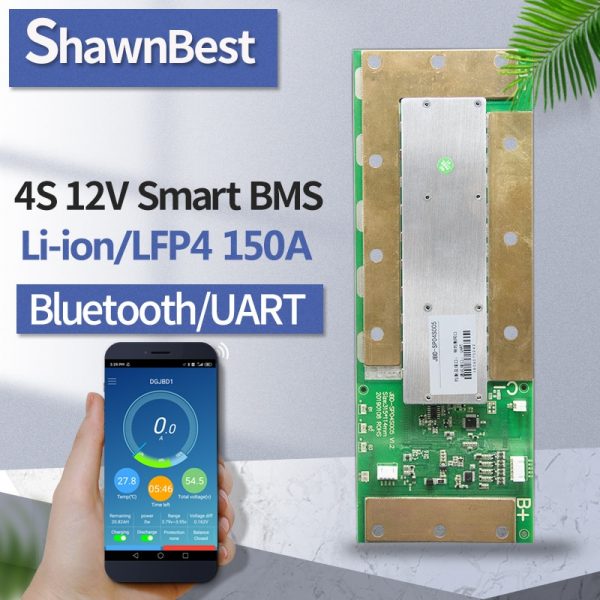 Panneau d'équilibrage intelligent bms 4s 12v 150a, lifepo4/lipo, onduleur solaire, Bluetooth électronique NTC app, indicateur de batterie pcm