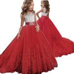 Robe brodée en dentelle rouge pour filles et adolescentes, tenue de soirée, noël ou anniversaire, motifs floraux, vêtements de 6 à 14 ans