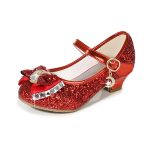 Chaussures de princesse en cuir pour filles,décontracté à paillettes, à talons hauts, avec nœud papillon, couleur bleu rose et argent,