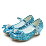 Chaussures de princesse en cuir pour filles,décontracté à paillettes, à talons hauts, avec nœud papillon, couleur bleu rose et argent,