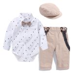 Costume de jeune homme pour petit garçon,ensemble body + pantalon strié, nœud et chapeau, tenue d'été type barboteuse pour enfant en bas âge, vêtements de bébé,