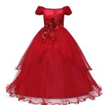 Robe brodée en dentelle rouge pour filles et adolescentes, tenue de soirée, noël ou anniversaire, motifs floraux, vêtements de 6 à 14 ans